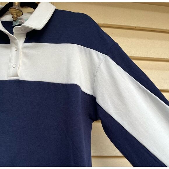 Hippie Rose blue/white blocks long-sleeved, collared, half-buttoned sweater, S - Picture 4 of 9